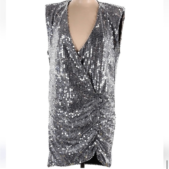 NWT ZARA Draped Silver Sequin Dress (Size Medium, P2P 19 in.) - Picture 7 of 8